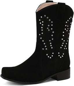 Женские вестерн-сапоги MRKEWUNEY с заостренным носком, ковбойские сапоги с грубым низким каблуком, вестерн-ботильоны, 17 Black