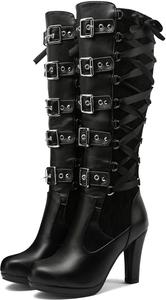 Женские готические кружевные ботильоны до колена с пряжкой, широким каблуком, шнуровкой, платформой, задней молнией, байкерские боевые ботинки Generic, Black