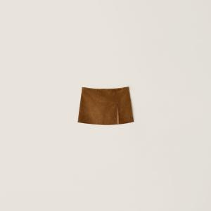 Мини-юбка из вощеной замши MIU MIU, табак