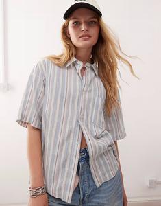 Рубашка свободного кроя из искусственного льна в разноцветную полоску Collusion, розовый