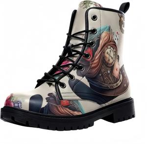 Женские короткие ботинки с принтом на шнуровке, с широким каблуком, боевые ботильоны для девушек и женщин, осенние и зимние, с рисунком роз, черепов, бабочек и мультяшных узоров Maimeili, Cowboy Hat Beige