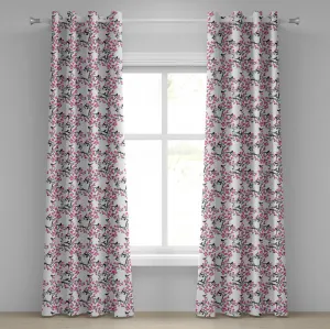 Шторы на люверсах ABAKUHAUS Вишневый цвет, дерево сакуры с цветущими цветами и птицами, черные силуэты, декоративные двухпанельные шторы, 280 см x 225 см, черный, белый, розовый