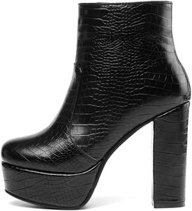 Женские ботинки COMFASH с боковой молнией, рифленой подошвой, платформой и широким каблуком, Black