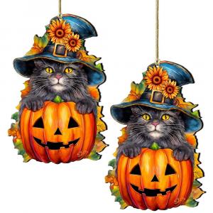 Набор из 2 деревянных рождественских украшений "черный кот и тыква", автор: Г. Дебрехт Designocracy, мультиколор