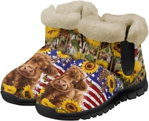 Женские ботильоны с искусственным мехом, утепленные зимние сапоги, теплые и удобные мягкие ботинки, легкие противоскользящие ботинки, повседневная обувь для дома Chririnla, Sunflower American Flag Highland Cow