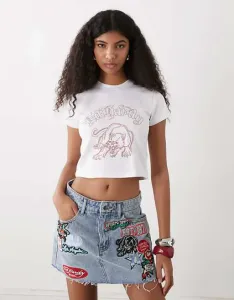 Голубая джинсовая мини-юбка Ed Hardy с логотипом и татуировкой