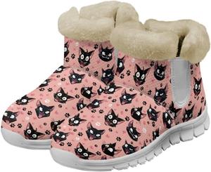 Новинка! Ботильоны на шнуровке для женщин, эластичная зимняя обувь, нескользящая подошва, пушистые ботинки, теплые фланелевые снежные сапоги Glomenade, Hippie Black Cat