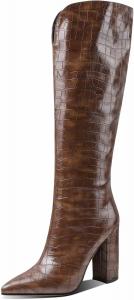 Женские сапоги CYNLLIO до колена с массивным высоким каблуком и заостренным носком, модные сапоги с широкой голенью, средней длины, для вечеринок, платья и езды, 3Brown