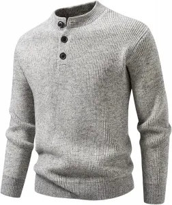 Мужской свитер с воротником стойкой, однотонный с пуговицами
