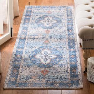 Ковер-дорожка SAFAVIEH, 69 x 244 см, Saffron Collection, Blue & Ivory, ручной работы в стиле бохо-шик, потертый из шенилла, идеально подходит для помещений с высокой проходимостью в гостиной, спальне (SFN203M)