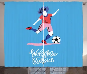 Штора ABAKUHAUS "Футбол в деревенском стиле", с надписью "Россия, футболист", универсальная тесьма для гостиной с петлями и крючками, 280 x 225 см, цвет: лазурно-голубой, светло-розовый Abakuhaus