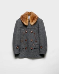 Двубортное пальто-пиджак с узором "елочка" Prada, антрацитовый серый