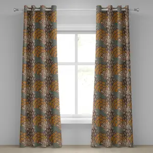 Штора на люверсах ABAKUHAUS с цветочным узором, цветочная композиция с павлиньими перьями, декоративная, двухпанельная, 280 см x 245 см, цвет "Синий-кофе"