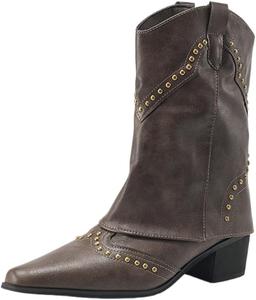 Женские короткие ботинки с заостренным носком - однотонный цвет, металлический декор - резиновая подошва - для повседневного ношения и путешествий Fusecottc, Khaki