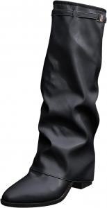 Женские зимние высокие сапоги до колена с отворотом, свободным верхом, массивным каблуком, высоким голенищем, заостренным носком, без застежки, длинные праздничные сапоги LZXBZAI, Black-Pu