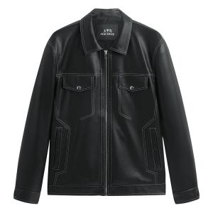 Кожаная куртка Color Block с видимой строчкой мужская PEACEBIRD MEN, черный, batch 1