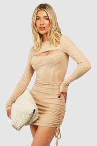 Мягкое мини-платье со сборками и вырезами в рубчик boohoo, бежевый