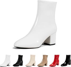 Женские ботильоны на массивном каблуке из лакированной кожи с заостренным носком, на молнии, с широким голенищем, короткие Generic, White
