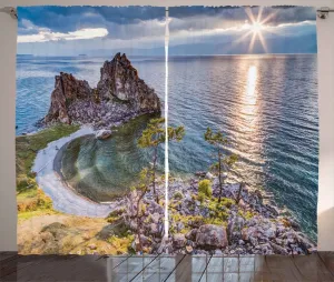 Шторы для путешествий ABAKUHAUS Rustic, Shaman Rock Russia, универсальные ленточные шторы для гостиной с петлями и крючками, 280 x 245 см, цвет: зеленый, коричневый, синий Abakuhaus