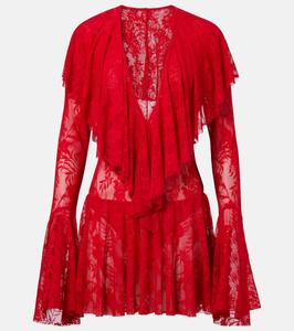 Облегающее полупрозрачное кружевное мини-платье с рюшами Norma Kamali, Tiger Red