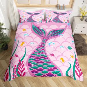 Erosebridal Комплект постельного белья Girls Pink Mermaid с морской тематикой и узором в виде чешуи русалки, Pink Purple