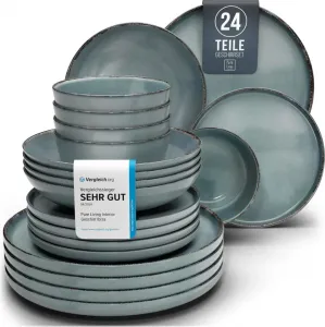 Набор посуды из 24 предметов из глиняной посуды в деревенском стиле на 6 персон. Высококачественный набор посуды из глиняной посуды в деревенском стиле - миски и тарелки - обеденный сервиз на 6 персон. PURE LIVING INTERIOR DESIGN