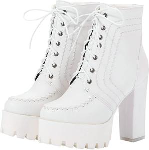 Женские Ботильоны Uniquelly на Толстой Подошве с Высоким Каблуком, Шнуровкой и Круглым Носком, Винтажные Плательные Зимние Ботинки, White