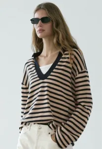 Полосатый джемпер с v-образным вырезом Massimo Dutti, Dark Brown