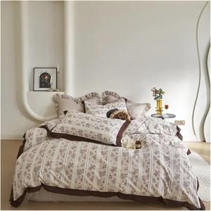 YUSIWOAL Комплект постельного белья French Countryside хлопковый с цветочным принтом и кружевной каймой