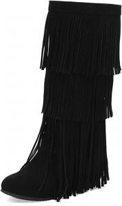 Женские вестерн-башмаки с бахромой, с теплой меховой подкладкой, массивным каблуком, ковбойские сапоги с круглым носком, наколенники, сапоги для ковбойшек Generic, Black