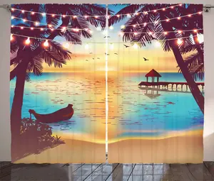 Штора ABAKUHAUS Пляжная рустика, Спокойный берег с лодкой и пирсом, универсальная ленточная штора для гостиной с петлями и крючками, 280 x 225 см, небесно-голубой, абрикосово-фиолетовый Abakuhaus