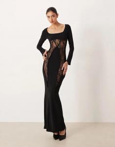 Платье макси с длинными рукавами и кружевными вставками ASOS DESIGN черного цвета