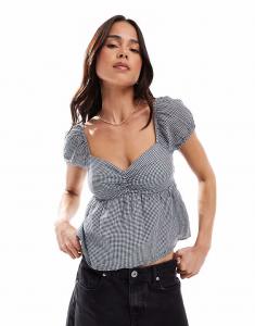 Топ Hollister babydoll с рукавами-фонариками и открытой спиной в черно-белую клетку