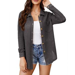 Женский кардиган с вафельной вязкой, отложным воротником, застежкой на пуговицы спереди и нагрудным карманом для повседневной носки Clearflower, Grey