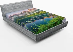 Простыня на резинке ABAKUHAUS Nature, озеро и летнее утро, австрийские Альпы, горы, жажда путешествий, фотография, 140 x 200 см, зелено-голубой Abakuhaus