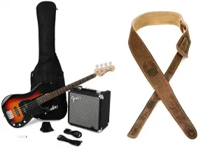 Бас-гитара Squier Affinity Series Precision Bass PJ Pack - 3-цветный солнечный взрыв с грифом из лавра, комплект с ремнем Fender Road Worn - коричневый