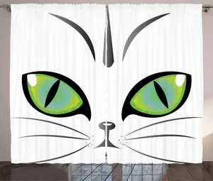 Штора для спальни ABAKUHAUS Rustic Eye Curtain, сибирская кошка, бдительная мордочка, присборенная, с петлями и крючками, 280 x 245 см, цвет: желтый, зеленый, серый, черный Abakuhaus