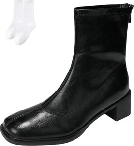 Женские ботильоны на низком массивном каблуке с модным квадратным носком, задней молнией, из искусственной кожи, осенне-зимние, удобная обувь Generic, Black Fleece