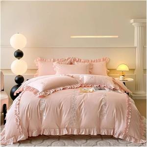 KYTGFH Комплект постельного белья из хлопка с французскими воланами, цветочной вышивкой и оборками Pink