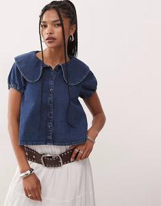 Восстановленная винтажная блузка с рукавами-фонариками и воротником Питер Пэн из денима Reclaimed Vintage