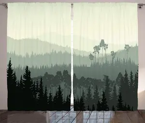 Штора ABAKUHAUS Деревенский пейзаж, Загадочный лес долины, присборенная штора из тесьмы для спальни с петлями и крючками, 280 x 245 см, цвет яичная скорлупа и бело-зеленый Abakuhaus