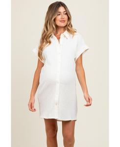 Платье-рубашка для беременных цвета слоновой кости с короткими рукавами и пуговицами, фактурная, с короткими рукавами Pinkblush, Ivory