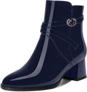 Женские ботинки AMBELIGHT с пряжкой, для путешествий, с круглым носком, наружной лакированной кожей, ремешком на щиколотке, на устойчивом низком каблуке 2 дюйма, Navy Blue
