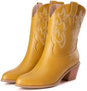 Женские ковбойские сапоги - вышитые ботильоны вестерн с высоким голенищем, пуговицей, зауженным носком, легкие и дышащие, из кожи, ретро-стиля, удобные для ходьбы, с массивным каблуком и поддержкой свода стопы Geerta, Yellow