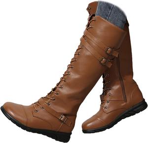 Женские высокие ботинки AngryMonkey до колена с шнуровкой, кожаные, средней длины, с боковой молнией, с пряжкой, платформой, противоскользящие, стеганые, с высоким каблуком, Light Brown