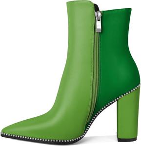 Younton Женские короткие ботильоны с заостренным носком, декорированные бусинами, массивным каблуком 3,7 дюйма и боковой молнией