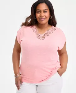 Футболка больших размеров с кружевной отделкой, V-образным вырезом и короткими рукавами Style & Co, розовый