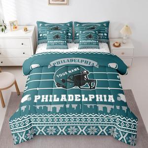 Erosebridal Комплект постельного белья Football City с тематикой регби и футбольных шлемов, зеленый и белый, Green White