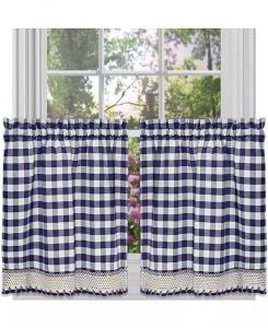 2 шт. Шторы в деревенском фермерском доме в клетку Buffalo, карманные ярусные шторы для кафе с каймой из макраме — длина 24 дюйма — шалфейный зеленый Kate Aurora, синий