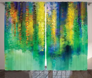 Шторы ABAKUHAUS в деревенском стиле, абстрактные, весенние цветы, универсальные, для гостиной, ленточное полотно с петлями и крючками, 280 x 175 см, зелено-желтый